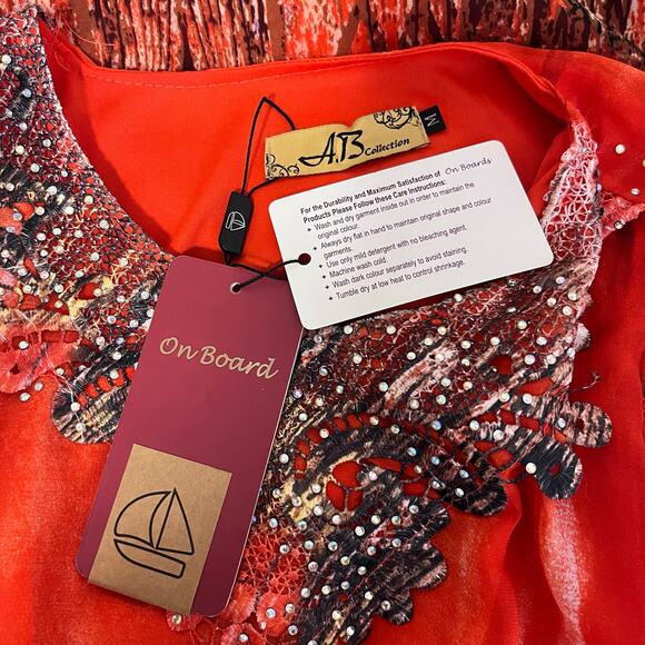 A. B Collection Womens Size Medium Orange Blue Beaded Asymmetric Tunic Blouse - Picture 6 of 8